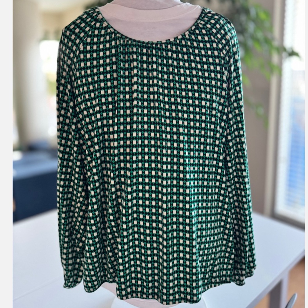 Cleo Petites Blouson Top (L) Long Sleeve Elastic Hem Viscose Stretch Geometric